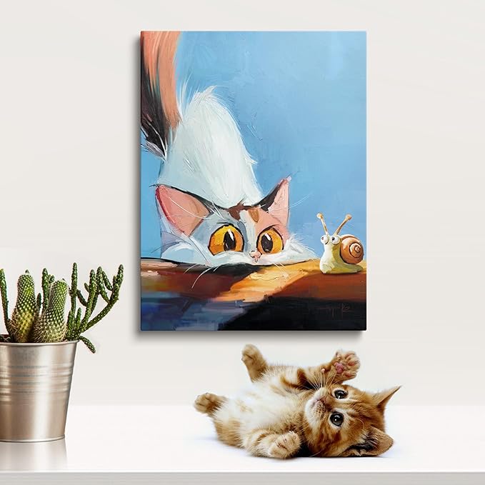 TimAsh Framed Funny Cat Wall Art Cat Staring at Snail Canvas Wall Decor Cartoon Cute Kitten Poster Painting Prints for Bedroom Bathroom Living Room 16'' x 12''