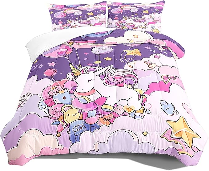 Unicorn Bedding Queen Cartoon Unicorn Comforter Set,Cute Unicorn Printed Kids Bedding Set for Girls Kids Adults Teens,Kids Comforter Set All Season,1 Quilt 2 Pillow Cases,Purple
