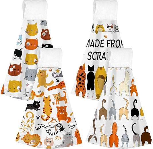 Sratte 4 Pcs Cat Kitchen Tie Towels with Hanging Loop Set Funny Cat Lover Gift Cute Hand Towels Kitty Owners Bath Dish Absorbent Oven Stove Washcloth for Home Women Mom Housewarming Gifts Decor