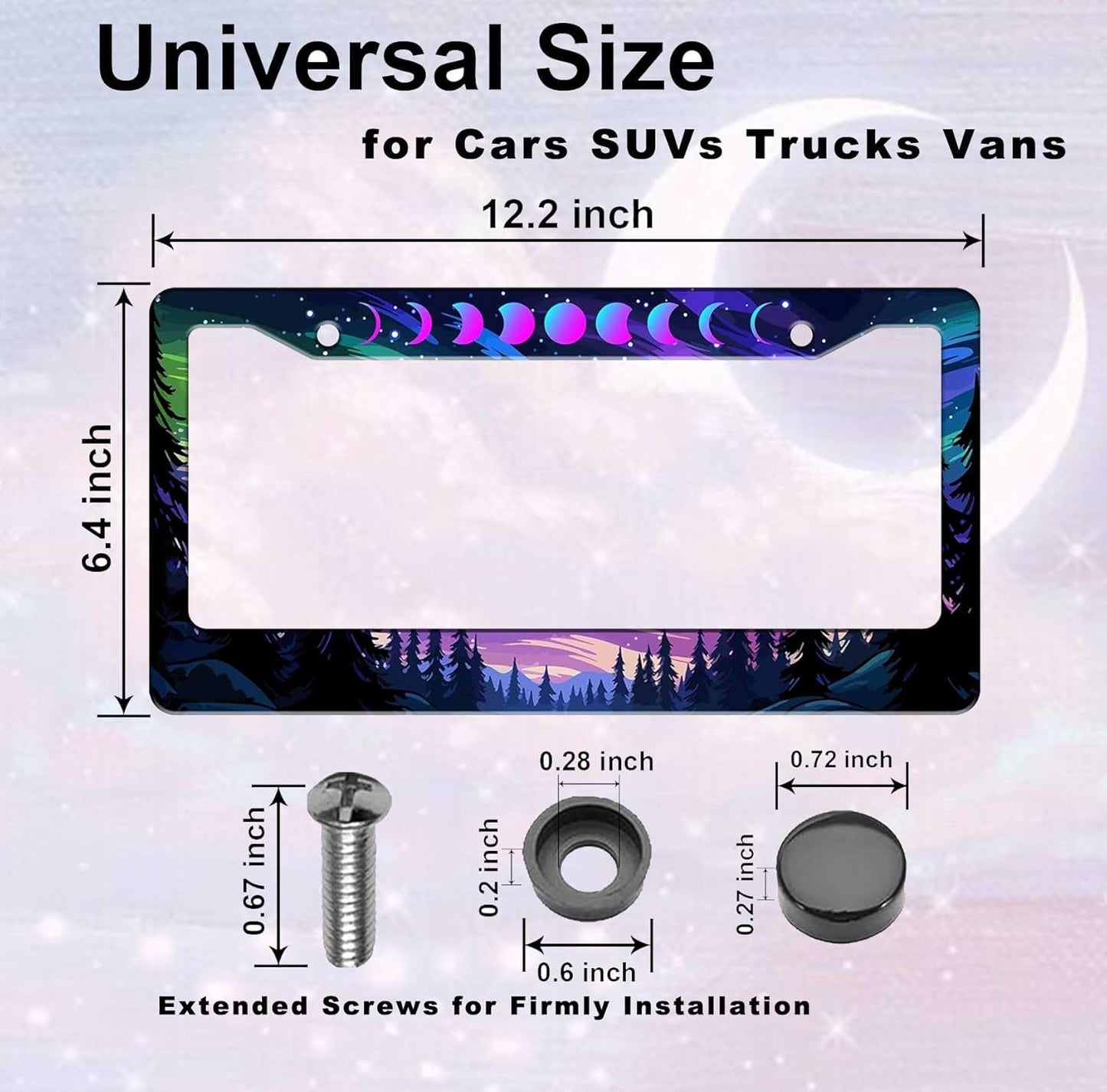 1Pcs Moon and Forest License Plate Frame, Purple Forest Moon License Plate Cover Tag Plate Bracket Holder for Men and Women (Moon Phases Aurora Forest)