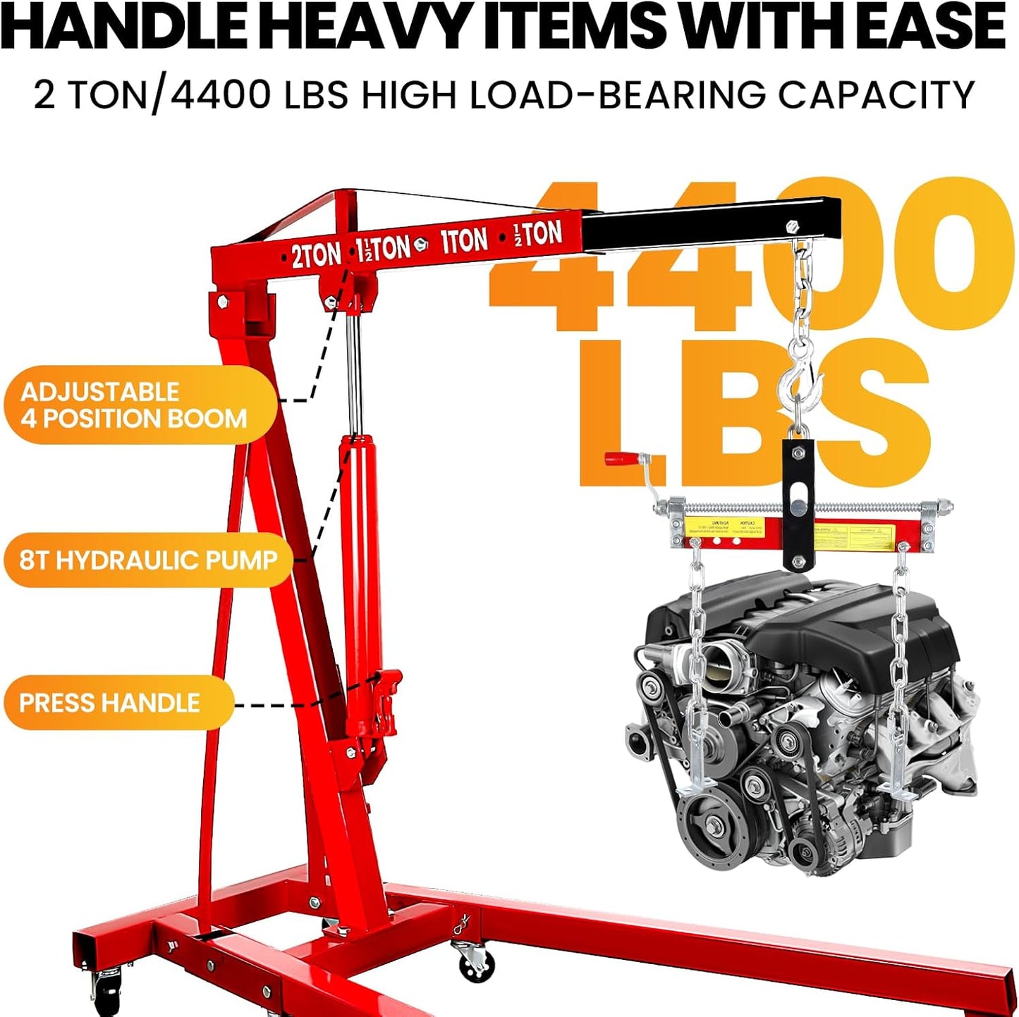 2 Ton Engine Hoist, Folding Cherry Picker Engine Hoist with Engine Leveler for Hoist and 6 Casters, Heavy Duty Hydraulic Shop Crane, Engine Crane Lifter for Workshops Garage Warehouse, Red