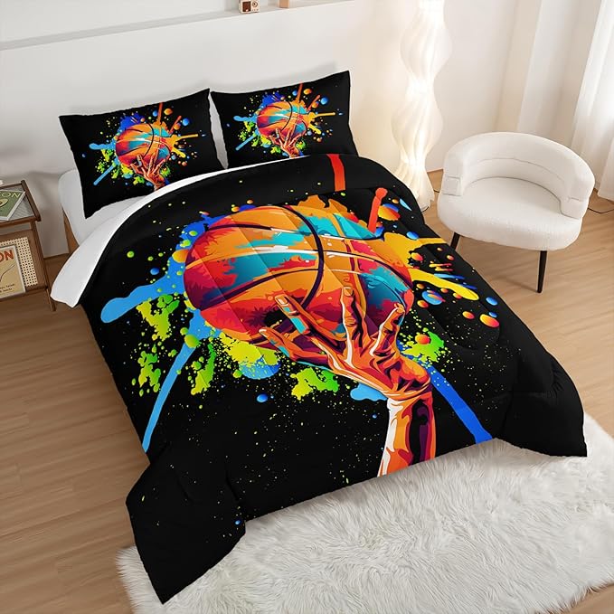 Black Basketball Comforter Set King Size,Watercolor Tie-dye Comforter Color Graffiti Hip Hop Style King Bed Set,Ball Sports Games Bedding Set for Teens Kids Bedroom Decor with 2 Pillowcases.