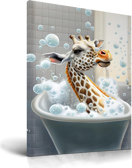 UPWOIGH Funny Bathroom Wall Art, Colorful Giraffe Wall Decor, Waterproof Wood Framed Canvas Wall Art Bathing Animals Abstract Prints, 30x40CM High-end Pictures for Bedroom Kids Room Dormitory 1 Pack