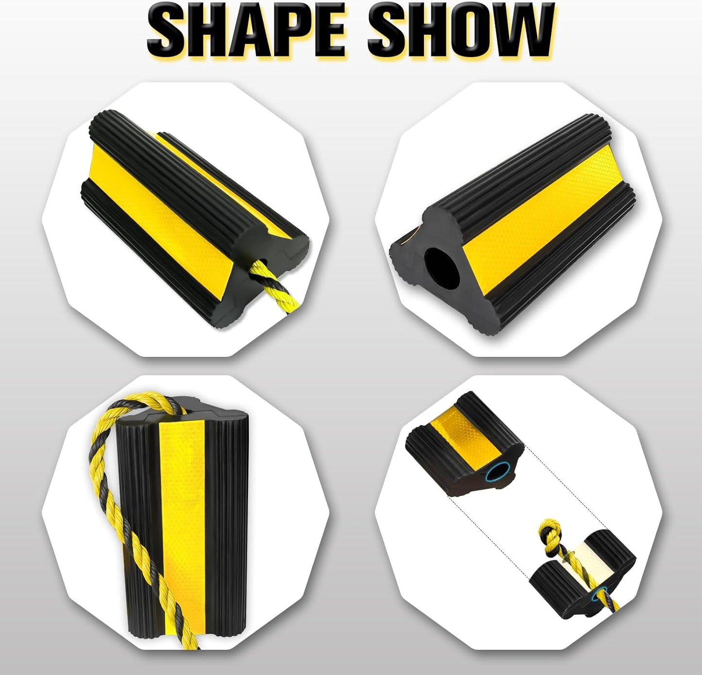 Heavy-Duty Wheel Chocks with Extra-Long Safety Rope (86") - 2-Pack Reflective Rubber Blocks for Trailers, Trucks, Campers & Garage Use (2pair/4pack with Rope)