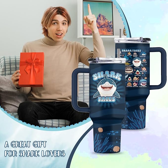 Whale Shark Gifts, Sharks Faces Tumbler with Handle & Straw & Lid, 40 Oz Stainless Steel Shark Cup, Presents for Animal Lovers, Friend Brother Sharks Birthday Gift, Gifts for Fathers Day