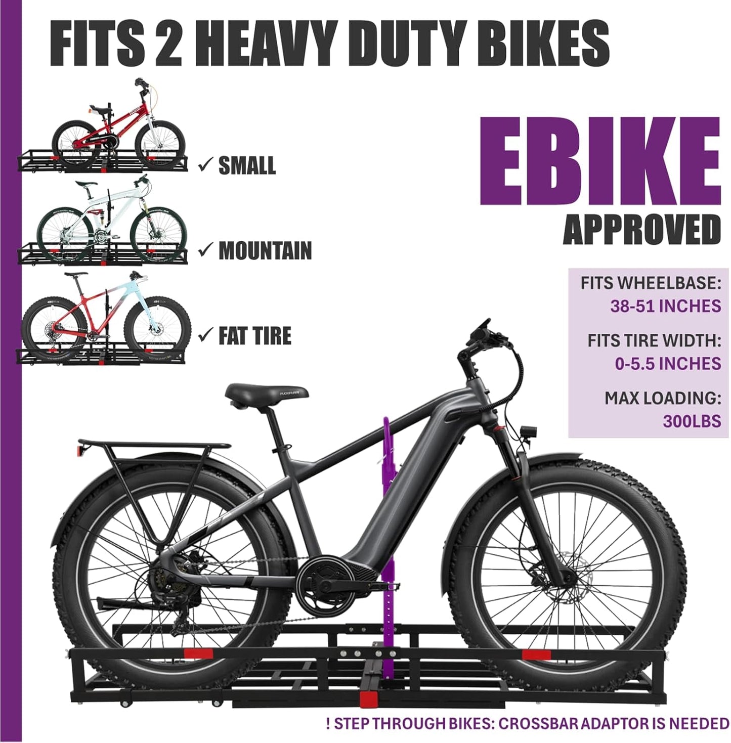 Hitch-Mount Bike Rack for Ebike Heavy-Duty - Comes with Cargo Carrier Fits 2 Electric Fat-Tire Mountain Bicycles Fits 2" Receiver for Car Trailer SUV Truck RV Minivan (Purple)