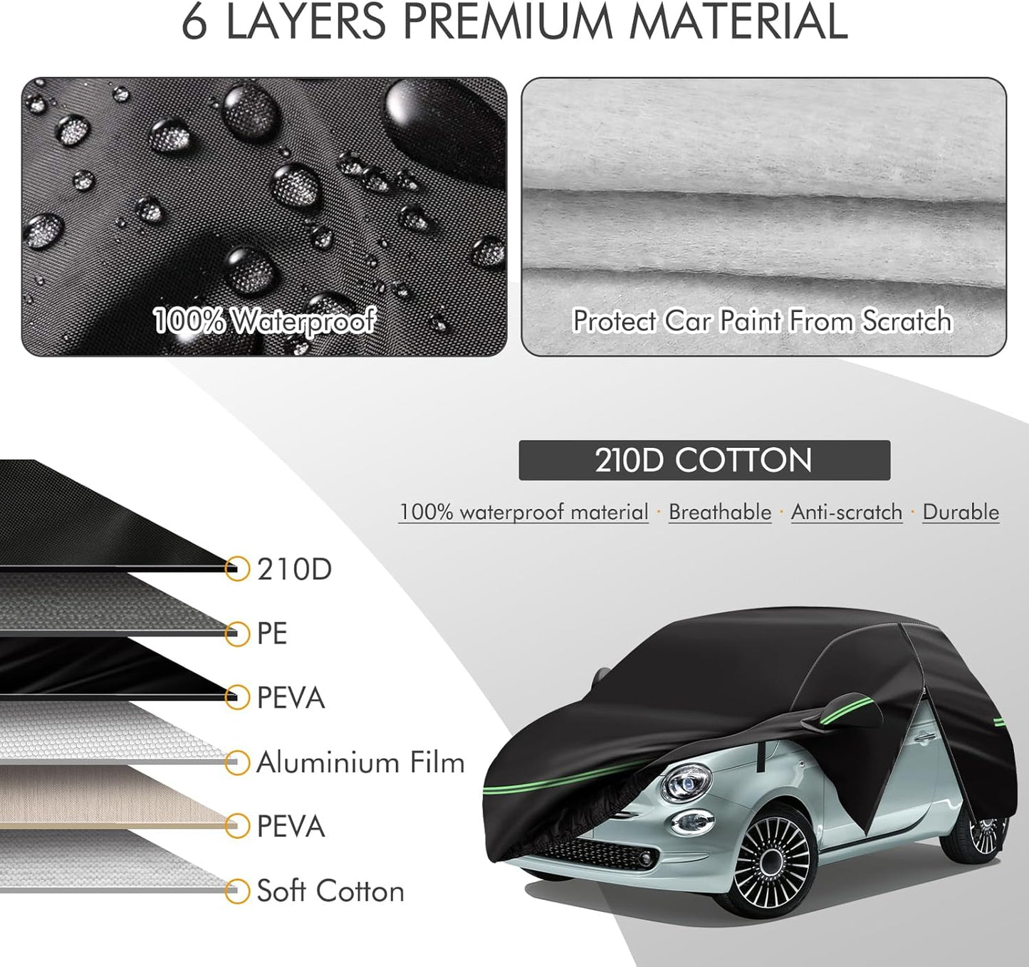 Replace for 2007-2023 Fiat 500/500C Car Cover 210D Outdoor Waterproof UV Snow Rain Protection, with Cotton Layer, Zipper Door, Reflective Strip, Storage Bag, for Abarth Turbo Sport Lounge Pop