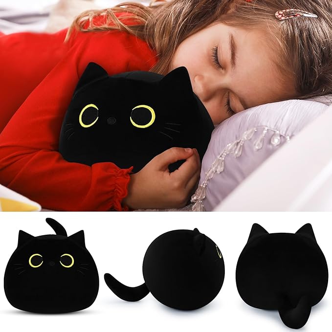 Black Cat Plush Toy-10'' Black Cat Stuffed Animal, Black Cat Anime Plush Cute Soft Plush Cat Plushie Stuffed Cat Toys, Cat Plush Pillows Toy Doll Decoration Doll Gift for Kids Girls Boys