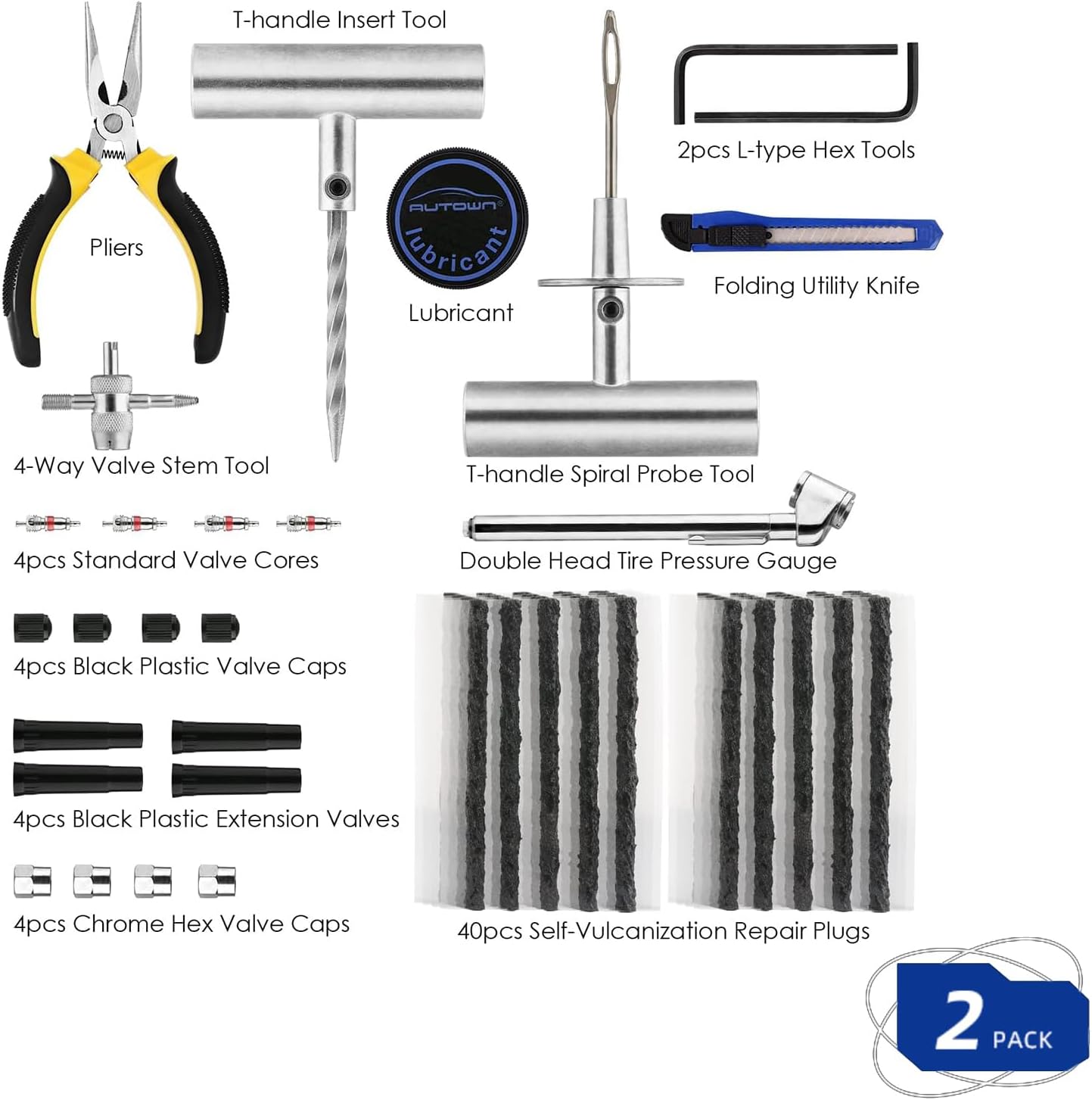 Flat Tire Repair Kit with Plug 68 Pcs for Car, Motorcycle, ATV, Jeep, Truck, Tractor Flat Tire Repair (2-Pack) (Set of 2-68pcs)