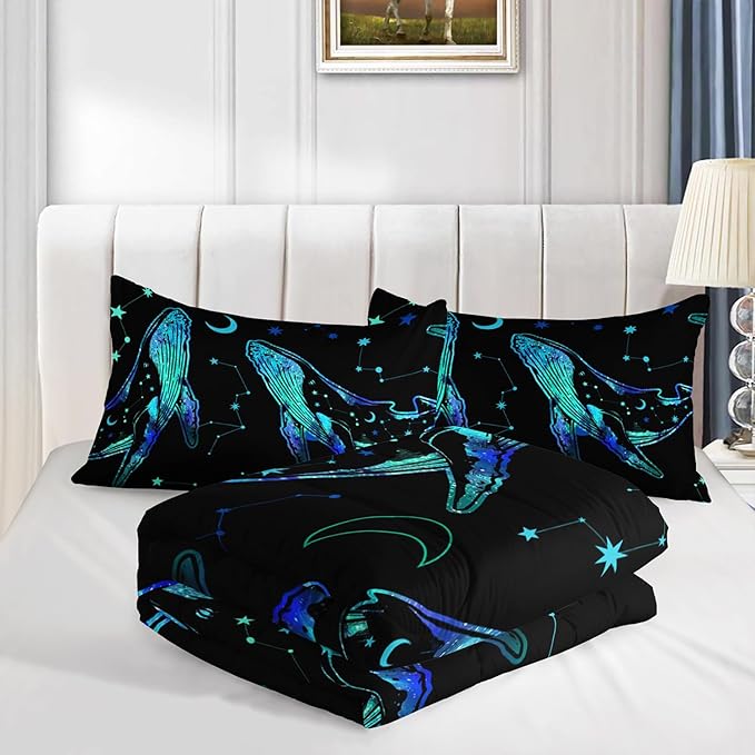 Whale Print Comforter Marine Life Bedding Set,Glowing Stars Moon Constellation Pattern Comforter Sets for Kids Boys Girls Room Decor,Cute Coastal Bedding Set Queen Size with 2 Pillowcases.