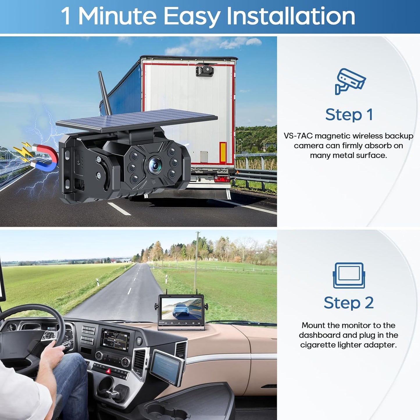 2 Magnetic Solar Wireless Backup Camera Built-in 10000mAh Battery & Solar Panel HD1080P 7" DVR Monitor 1Min DIY Installation Rechargeable Reverse Camera System for Hitch Towing Travel RV 5th Wheel