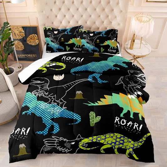 Suncloris Kids Dinosaur Comforter, Multi-Color Cartoon Dino Bedding Bedspread for Boys Teens, All Seasons Soft Jungle Animals Quilt Bedroom Decor with 2 Pillow Cases (02, Queen)