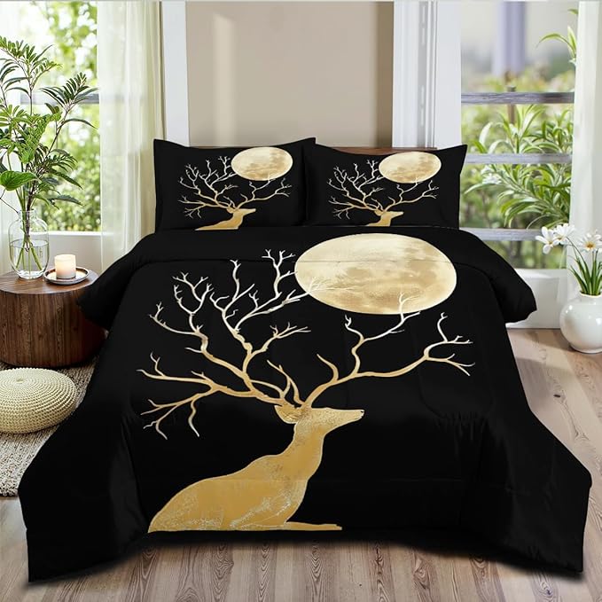 Black Gold Deer Comforter Set Full Size Unique Design Deer and Moon Bedding Set Chic Animal Bedding Modern Bedroom Decor Down Comforters Soft Microfiber Comforter Sets for Boys Girls