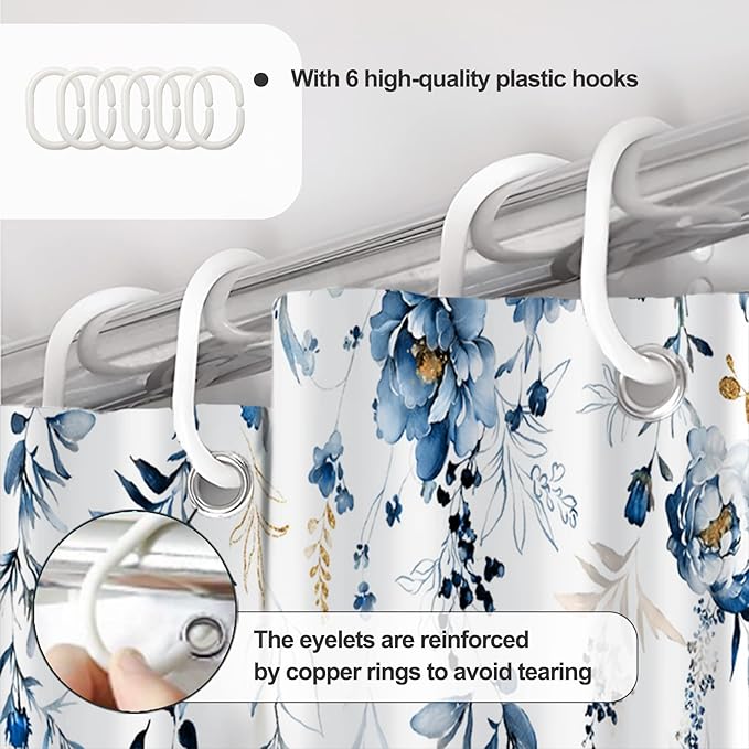 AWERT Blue Plants Shower Curtain with Hooks Watercolor Leaves Shower Curtain for Bathroom Waterproof Bathroom Accessories Bathtub Decor 48x72inch