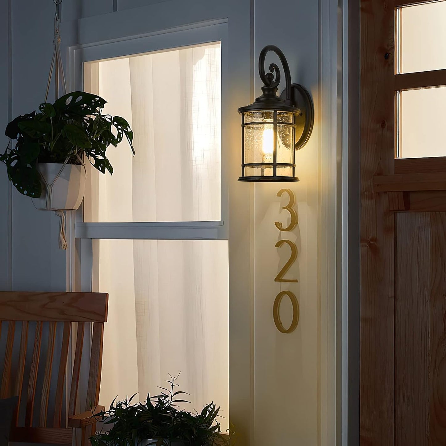 Emliviar Modern Outdoor Wall Lantern - Exterior Carriage Light for Garage Front Porch with Seeded Glass Shade, 15.5 Inch Height, Black Finish, XE229B BK