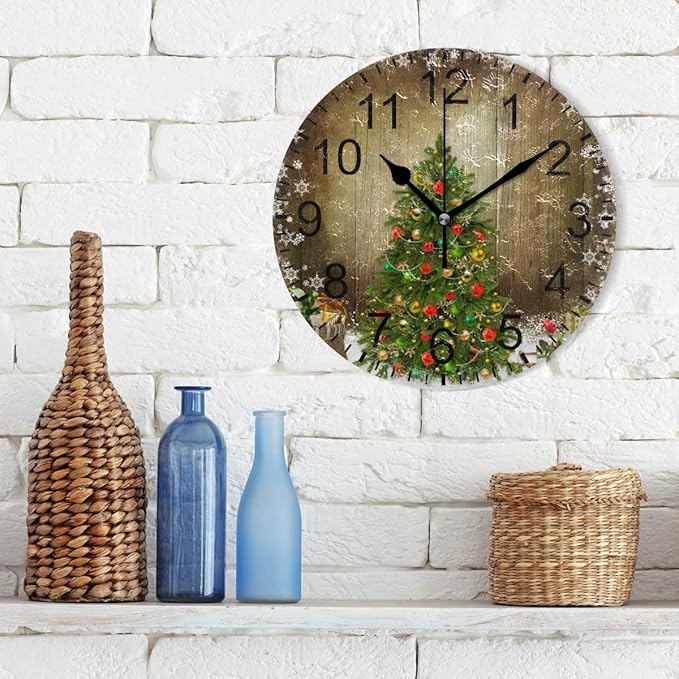 Wamika Wall Clock Christmas Tree Clock Silent Non Ticking Round Wall Clocks Decorative, Winter Rustic Wooden New Year Clocks 10 Inch Battery Operated Quartz Analog Quiet Desk Clock for Home Office