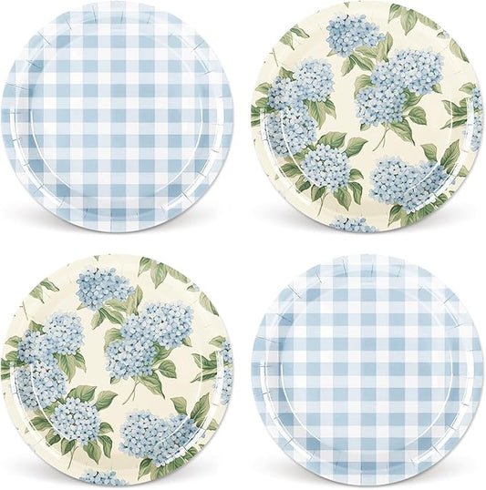 Whaline 40Pcs Hydrangea Plaid Paper Plate Blue And White Floral Disposable Dinner Plate Flower Checkered Tableware For Spring Party Supplies Table Decor, 9 In
