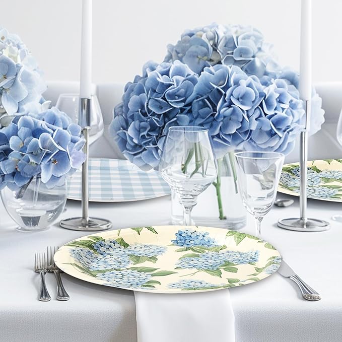 Whaline 40Pcs Hydrangea Plaid Paper Plate Blue And White Floral Disposable Dinner Plate Flower Checkered Tableware For Spring Party Supplies Table Decor, 9 In