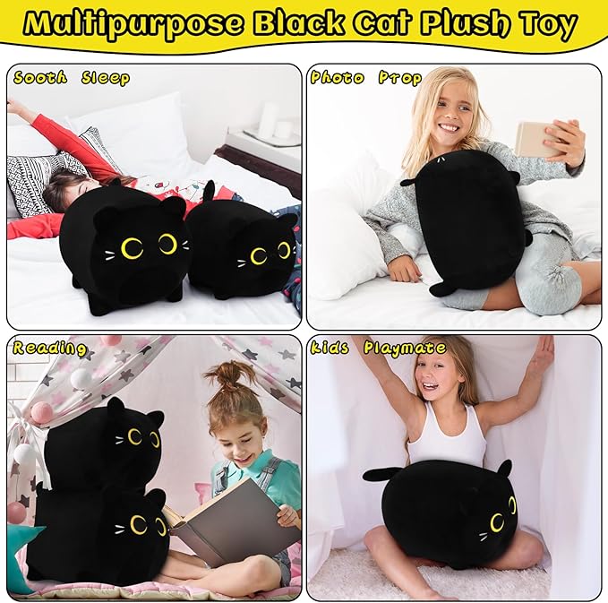 Black Cat Plush Pillow - 20'' Plushie, Gold Eyes, Anime Cat Plush, Cute Stuffed Animal, Birthday Gift for Kids