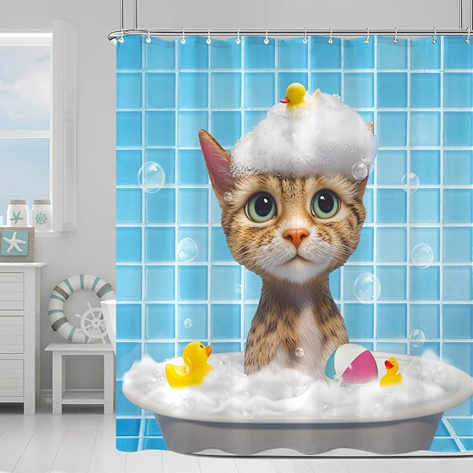 Yeoiat Cat Shower Curtain Funny Shower Curtain Bubble Cat Shower Curtains for Bathroom Cute Shower Curtain Set with 12 Hooks Cat-02 72×72 Inches