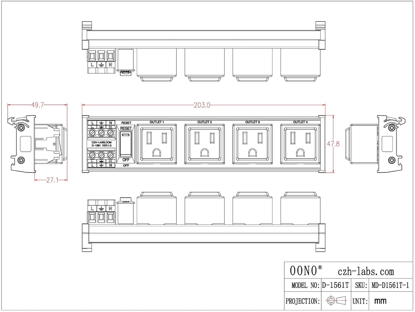 DIN Rail Mount AC 120V NEMA 5-15R 4 Receptacles Outlet Power Strip Module, with Rocker Switch Thermal Circuit Breaker Overload Protector