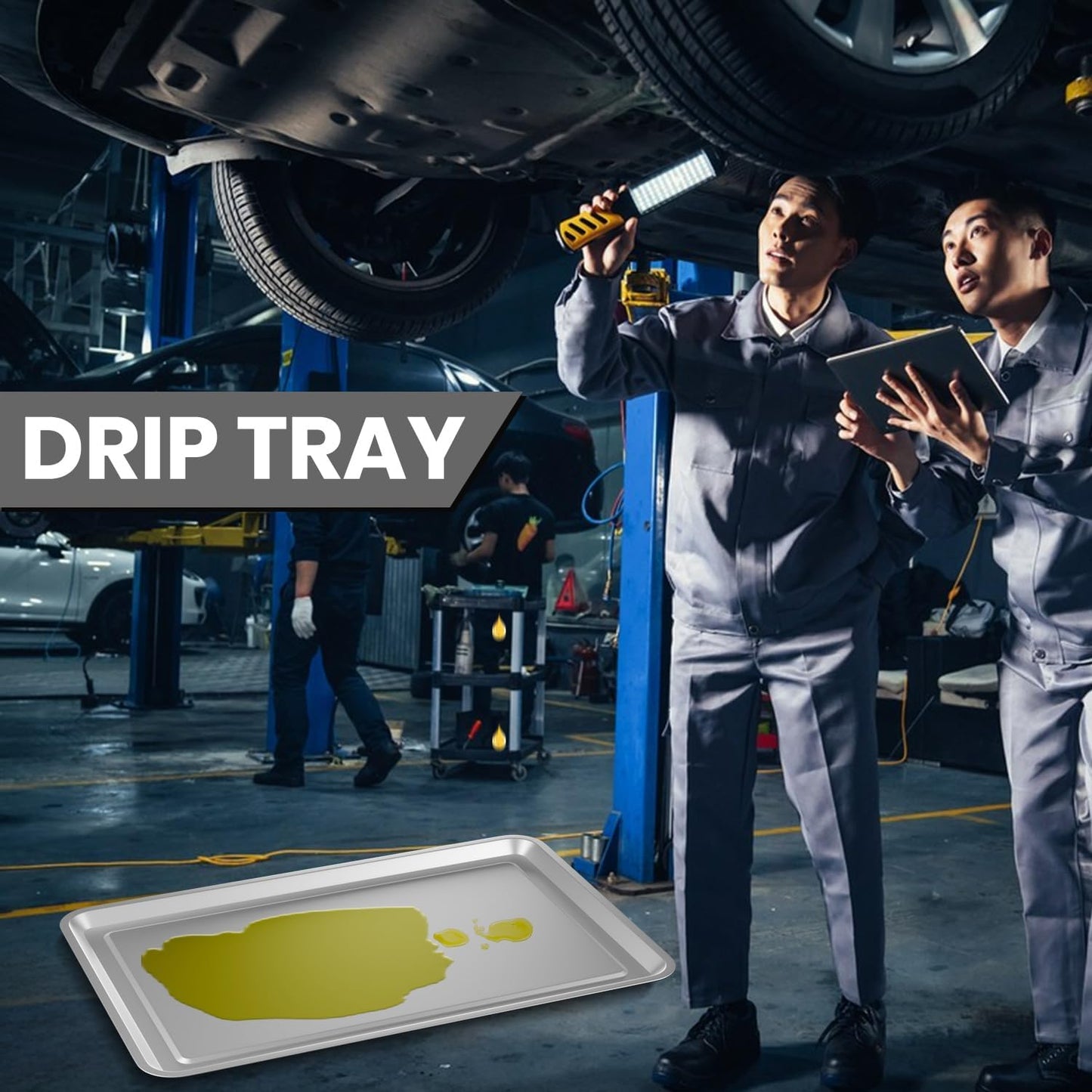 2 Pcs Under Car Oil Pans for Changing Oil, Motorcycle Automotive Oil Change Pan Silver Rust Resistant Drip Tray, Oil Catch Pan Replacement Tray for Garage Machinery Supplies (23.5 x 15.6 Inch)