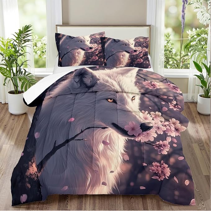 White Wolf Bedding Full Size Grey Pink Cherry Blossom Comforter Set Wildlife Wolves Safari Animal Bedding for Kids Girls Boys Teens, Soft Lightweight Comforter Sets 3Pcs