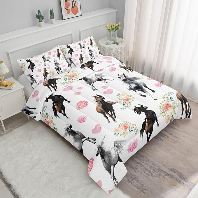 Watercolor Horse Comforter Bedding Set for Boys Girls Kids Teens,Watercolor Painting Horse and Rose Print,Light Color Comforter with 2 Pillowcases(Horse Floral Twin)