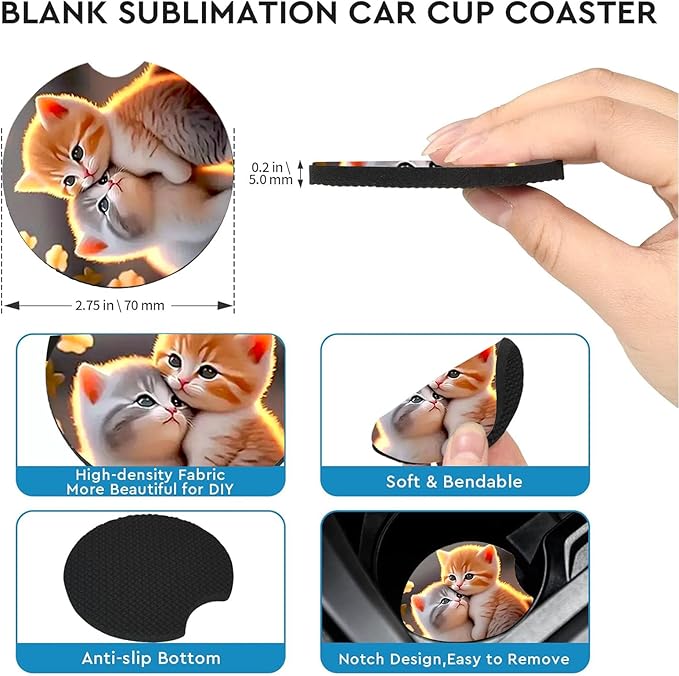 Car Coasters for Cup Holders,2 Pack Two Cat Car Coasters,2.75" Universal Size Anti Slip Rubber Mat,Automotive Cup Holder Decal Decor Accessories,Gifts for Cat Lovers for Women,Men,Mom