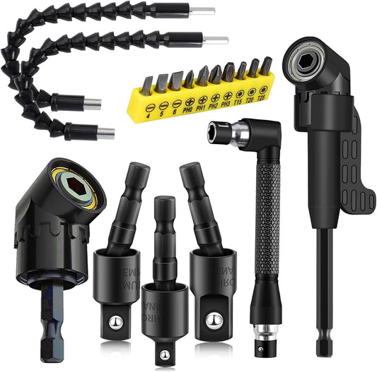 18Pcs Flexible Drill Bit Extension, Include 3Pcs Rotatable Socket Adapter 2Pcs 105° Right Angle Drill Attachment 10 Short Screwdriver Bits 90° Angled Bits and 2 Bendable Extension Tool