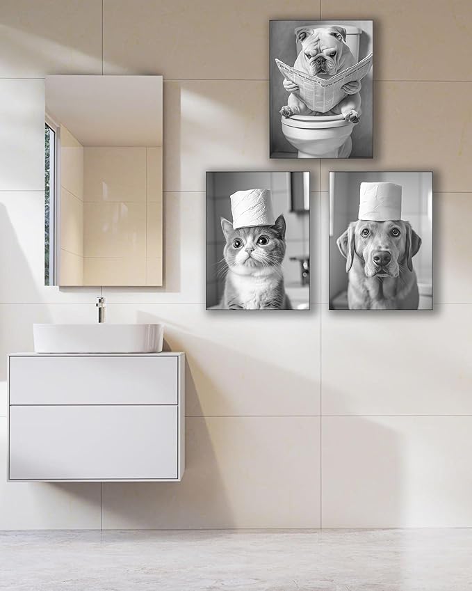 UPWOIGH Bathroom Wall Art Decor, Black and White Cat Toilet Paper Wall Art, Wood Framed Canvas Wall Art Animals Abstract Prints, 12"x16" High-end Pictures for Dormitory Kids Room,1 Pack