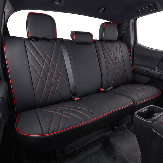 EKR Tacoma Back Seat Covers Custom for Select Toyota Tacoma (Hybrid) 2024 2025 Double cab TRD Sport,TRD Off-Road,Limited,Trailhunter- Second Row Only,Leather (Black with Red Trim)