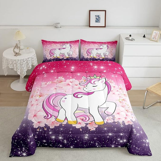 Unicorn Comforter Set Full Glitter Bedding Set Cherry Blossoms Duvet Insert Kids Cartoon Kawaii Animal Down Comforter Ombre Galaxy Stars Fantasy Girls Room Decor Quilt Set Aesthetic Pink Purple
