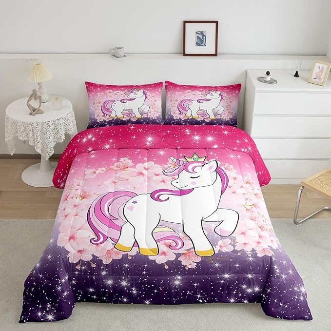 Unicorn Comforter Set Queen Glitter Bedding Set Cherry Blossoms Duvet Insert Kids Cartoon Kawaii Animal Down Comforter Ombre Galaxy Stars Fantasy Girls Room Decor Quilt Set Aesthetic Pink Purple