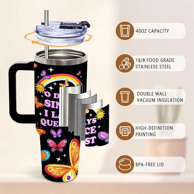 Butterfly Tumbler 40 Oz, Funny and Colorful Design, Stainless Steel Insulated Mug with Humorous Quote, Gift for Women, Fun and Playful Butterfly Theme, Novelty Tumbler