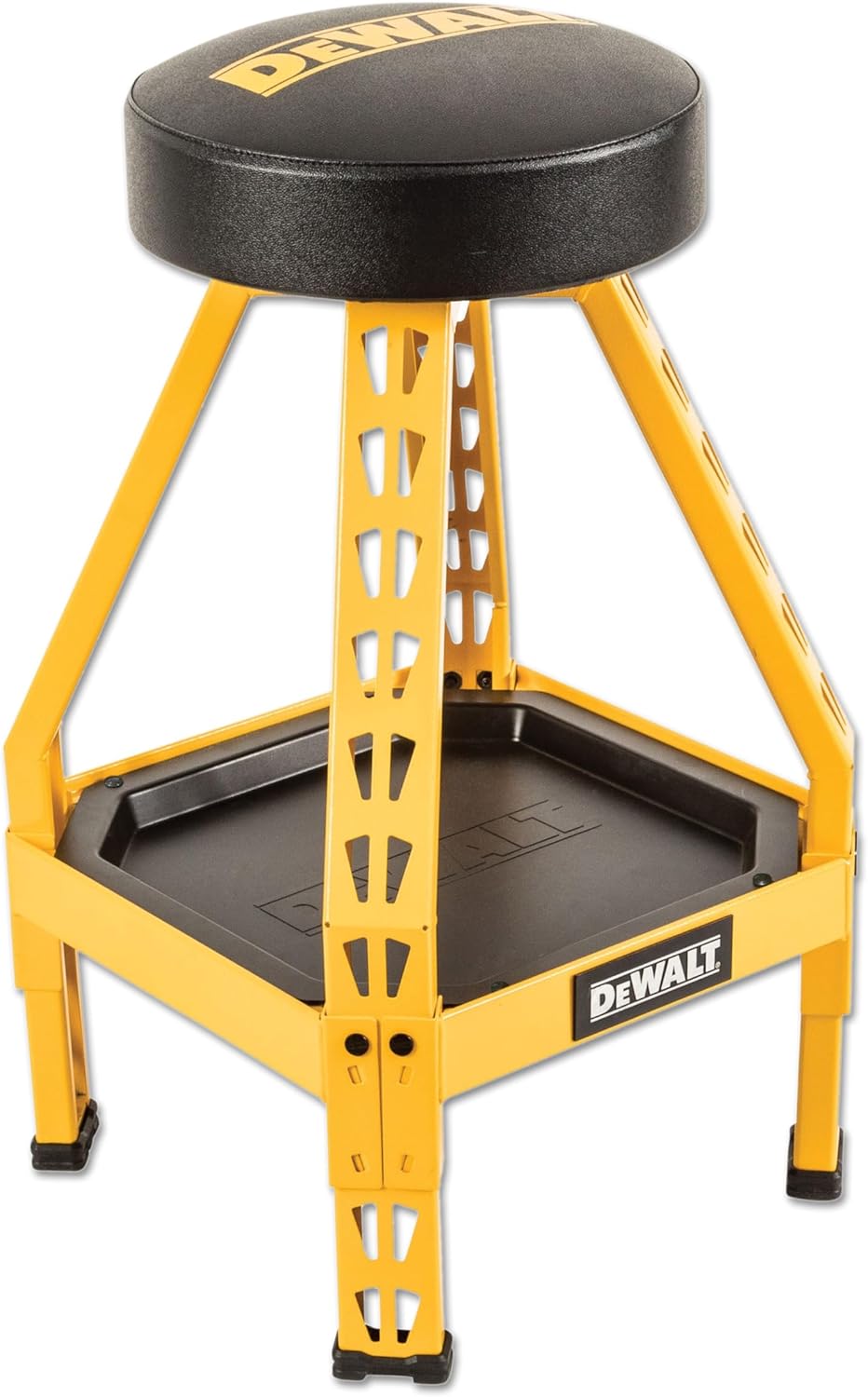 DEWALT Heavy-Duty Metal Stool for Garage and Shop, 360 Swivel Seat, Storage Tray, Padded Rip-Resistant Seat, Steel Frame, Industrial Powder Coating