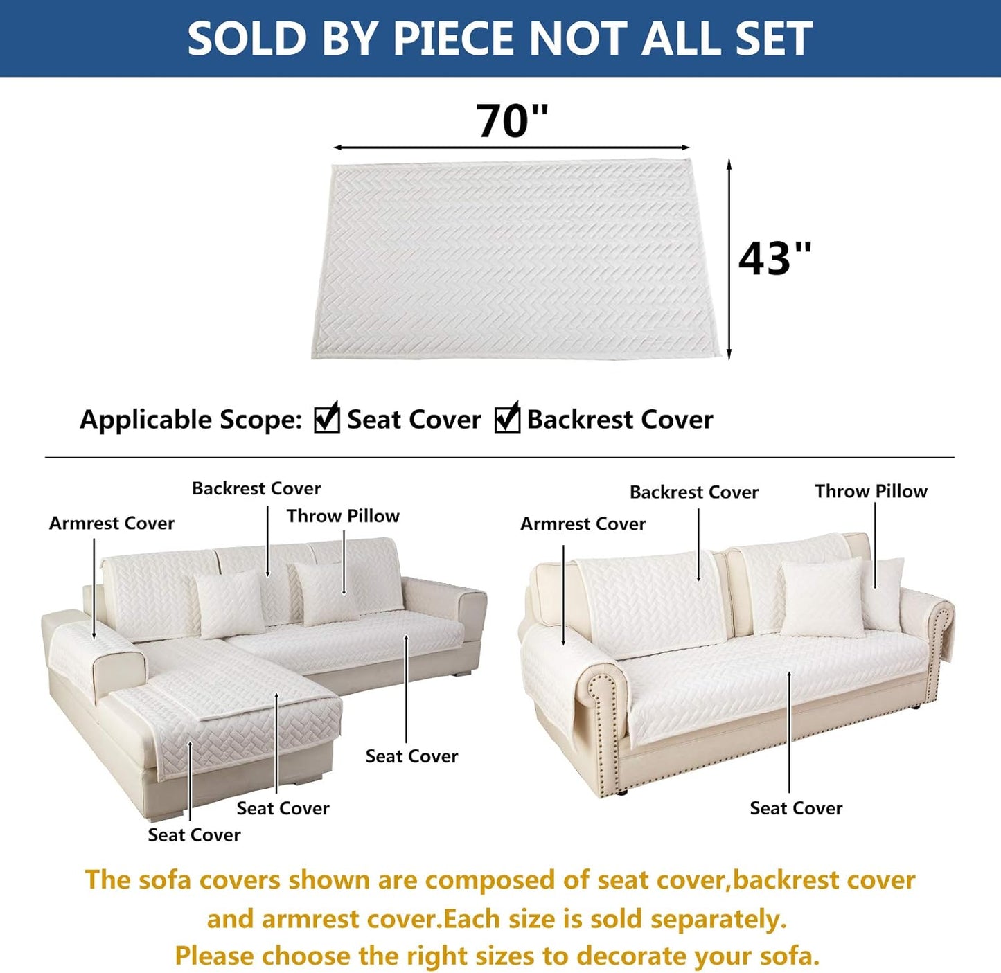 Eismodra Couch Cover,Sectional Couch Covers,Sofa Covers for 3 Cushion Couch,Anti-Slip Sofa Slipcovers for Dogs Cats Kids Loveseat Recliner L Shaped Armrest Backrest,White 43''x70''(Only 1 Piece)