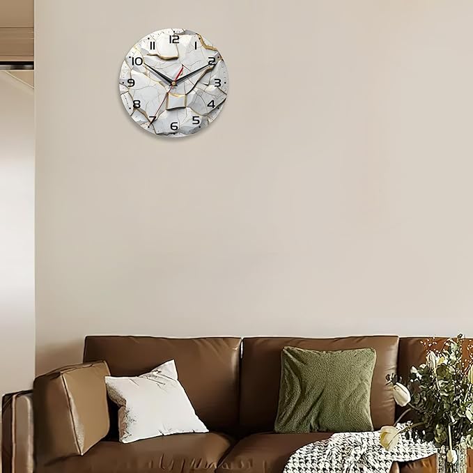 White Wall Clock,Marble Wooden Wall Clocks Art Hanging Silent Non-Ticking Wall Clock Battery Operated Round Home Arabic Numeral Decorative Wall Clocks 10 Inch