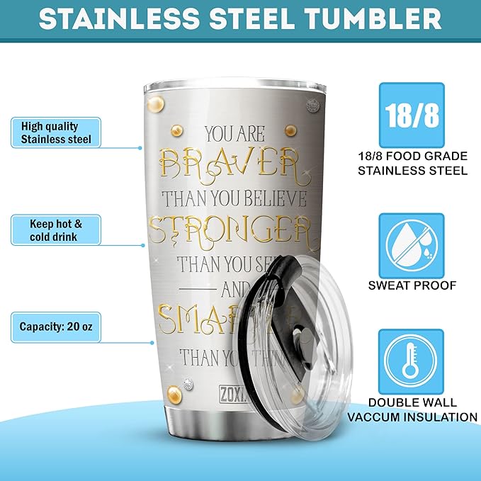 ZOXIX You Are Braver Than You Believe Inspiration Coffee Tumbler For Black Women Jewelry Style Stainless Steel Cup With Lid 20oz African American Girl Uplifting Gifts For Friends