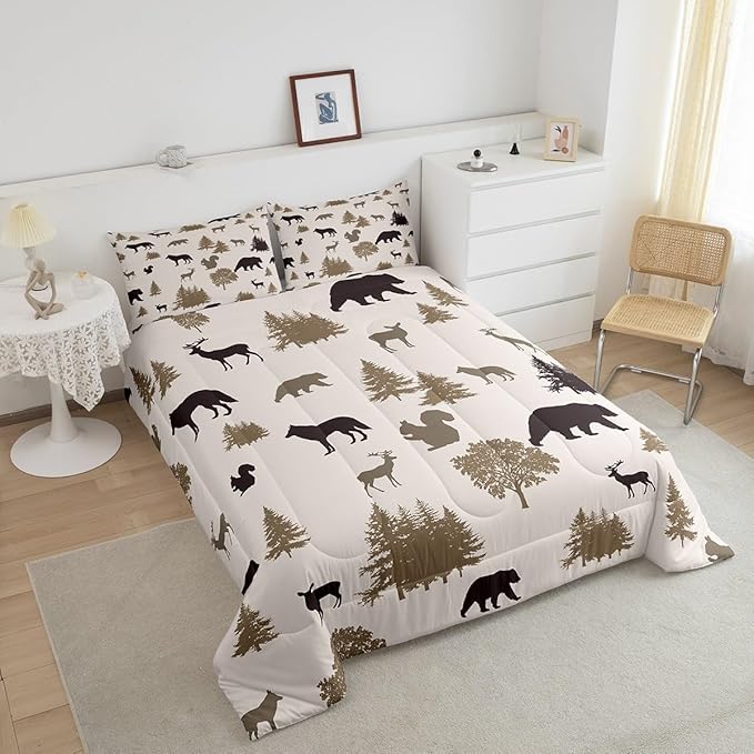 Bear Comforter Set Twin for Kids Boys Girls,Rustic Elk Moose Squirrel Wolf Printed Bedding Set,Animal Silhouette Farmhouse Quilt for Lodge Cabin,Grey Woodland Wildlife Duvet Insert with 1 Pillowcase