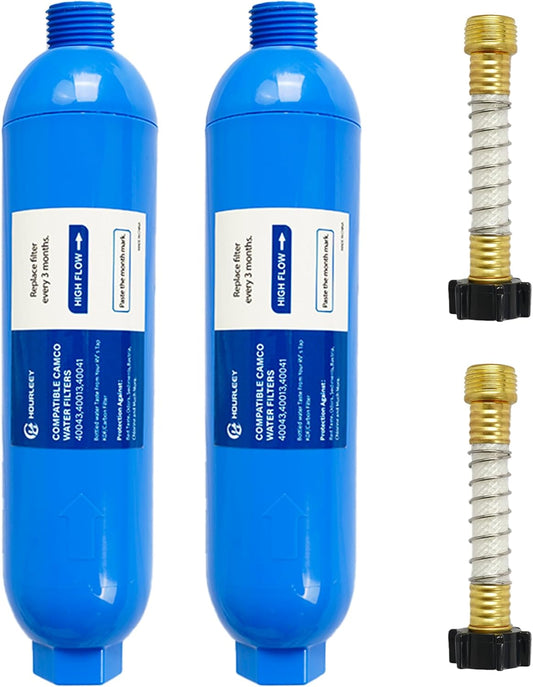 Hourleey 2 Pack RV Inline Water Filter with 2 Flexible Hose Protector, Reduce Bad Taste, Odors, Rust, Fluoride, Chlorine and Sediment in Drinking Water, Dedicated for RVs Campers Marines