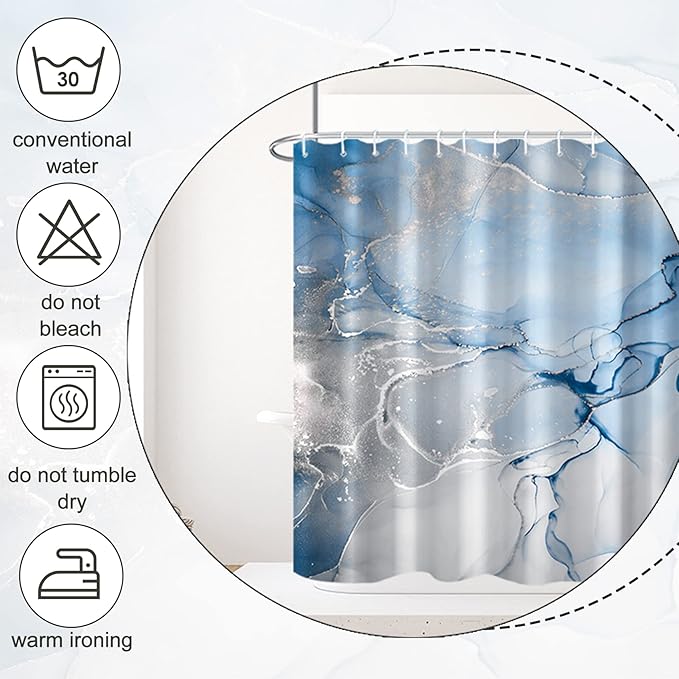 AWERT Blue Marble Shower Curtain for Bathroom Modern Blue White Marble Ink Shower Curtain with Hooks Washable Bathroom Accessories Bathtub Decor 72x72inch