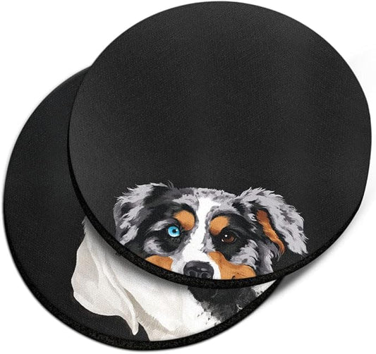 WIRESTER, Merle Aussie Australian Shepherd Dog, White Labrador Retriever Dog Design Absorbent ROUND Fabric Felt Neoprene Car Coasters for Drinks (2.87 inches), 2pcs Set