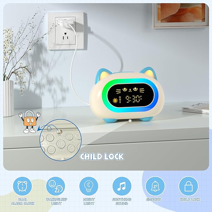 winshine Alarm Clock for Kids, Ok to Wake Clock, Toddler Sleep Training Clock with Eye Protection, 10 Night Lights, Dual Alarms, Child Lock, Snooze, Timer - Cute Cat Clock for Girls and Boys, Blue