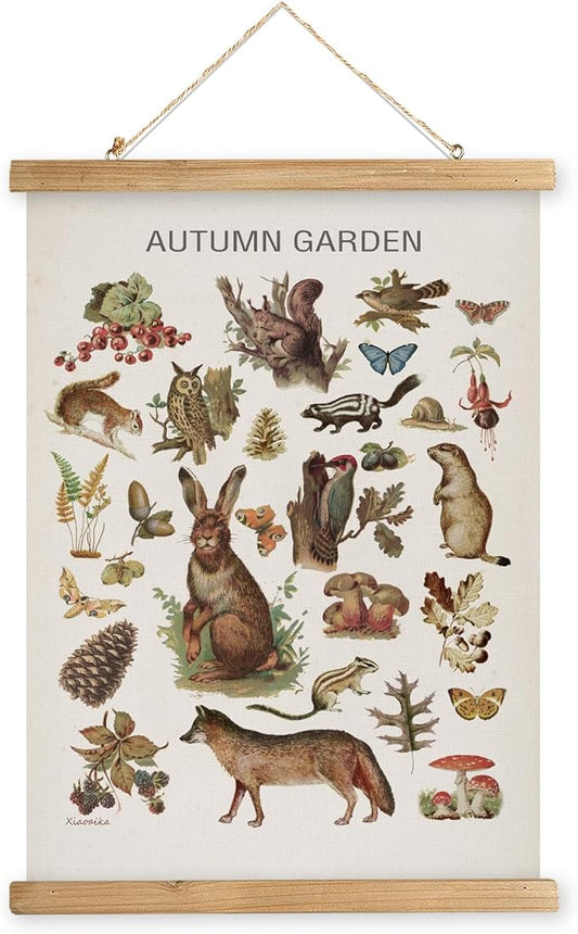 XIAOAIKA Autumn Garden Wildlife Poster - Vintage Illustrated Seasonal Fauna and Flora Chart with Wooden Frame - Educational Wall Art for Home, Classroom, or Nature Enthusiast 12 x 16 Inches