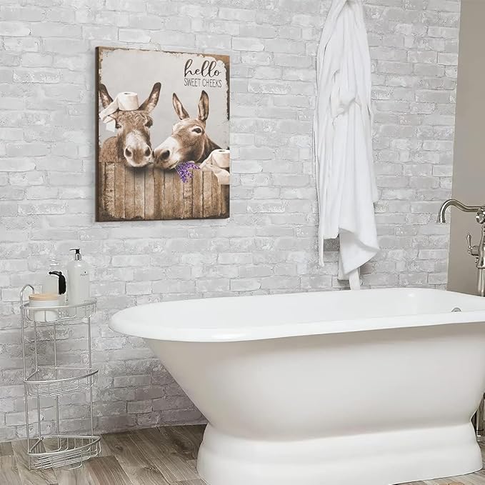 Canvas Wall Art Donkey Pictures for Bathroom Decor - Funny Farmhouse Painting Toilet Prints - Rustic Animals Artwork Framed 12"x16"