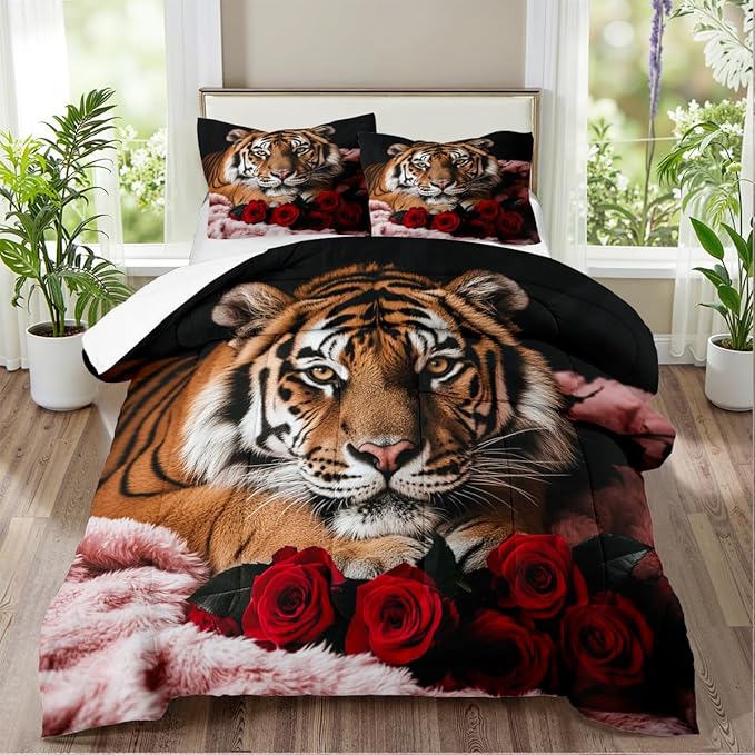 Tiger Comforter Set Queen Size Wildlife Bedding Sets for Kids Teen Safari Animal Bedding Room Decor,Red Rose Quilt Set 3Pcs Soft Breathable Duvet Insert with 2 Pillowcases