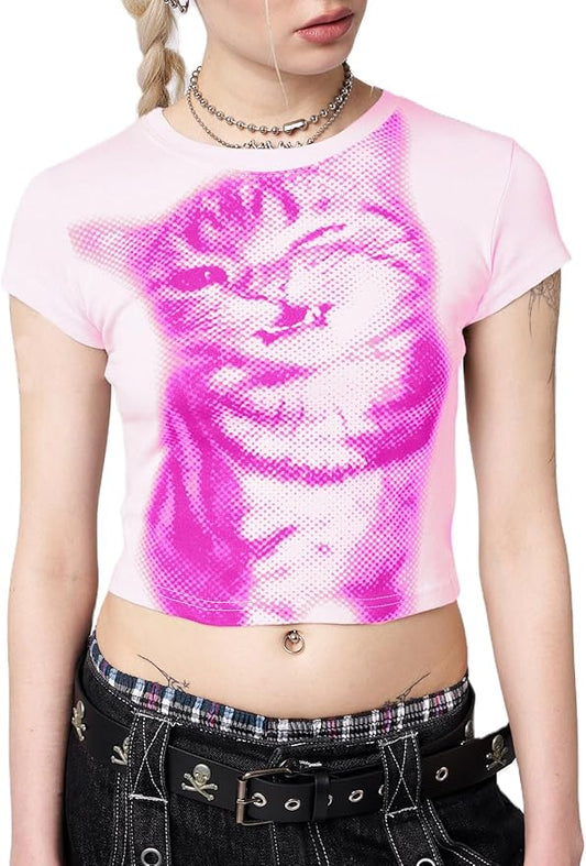 Y2k Graphic Baby Tees for Women Funny Kitten Shirt Tops Aesthetic Fairy Grunge Crop Top 90s 2000s Vintage Clothing