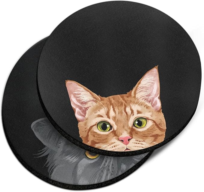 WIRESTER, Orange Tabby Kitten Cat, Black Persian Cat Design Absorbent ROUND Fabric Felt Neoprene Car Coasters for Drinks (2.87 inches), 2pcs Set
