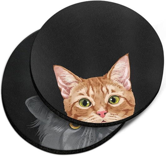 WIRESTER, Orange Tabby Kitten Cat, Black Persian Cat Design Absorbent ROUND Fabric Felt Neoprene Car Coasters for Drinks (2.87 inches), 2pcs Set